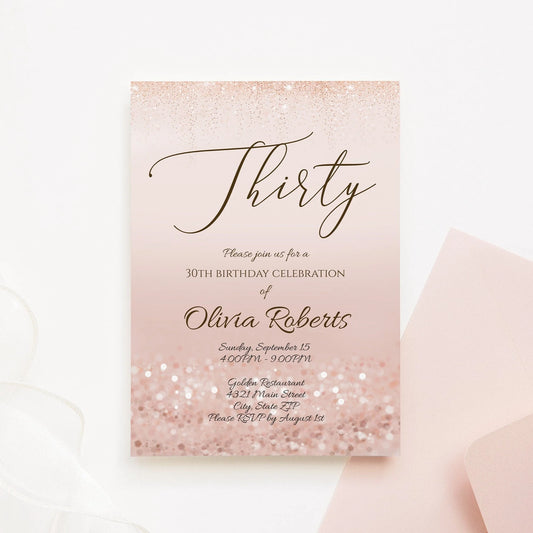 Luxury Thirty Rose Gold Glitter Editable 30th Birthday Invitation Template, Printable Invite or Text Digital Invitation, Instant Download