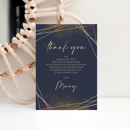 Navy Gold Adult Birthday Card, Thank You Cards Anniversary, Editable Thank You Card, Thank You Template, Gold Geometric Thank You Notecard