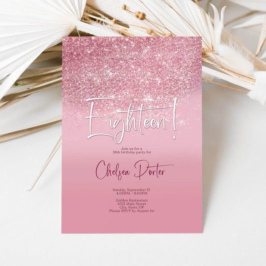 18th Birthday Invitation Template | Editable Pink Rose & Silver Glitter Invite | Eighteen Birthday Party Card | Instant Download Digital Template