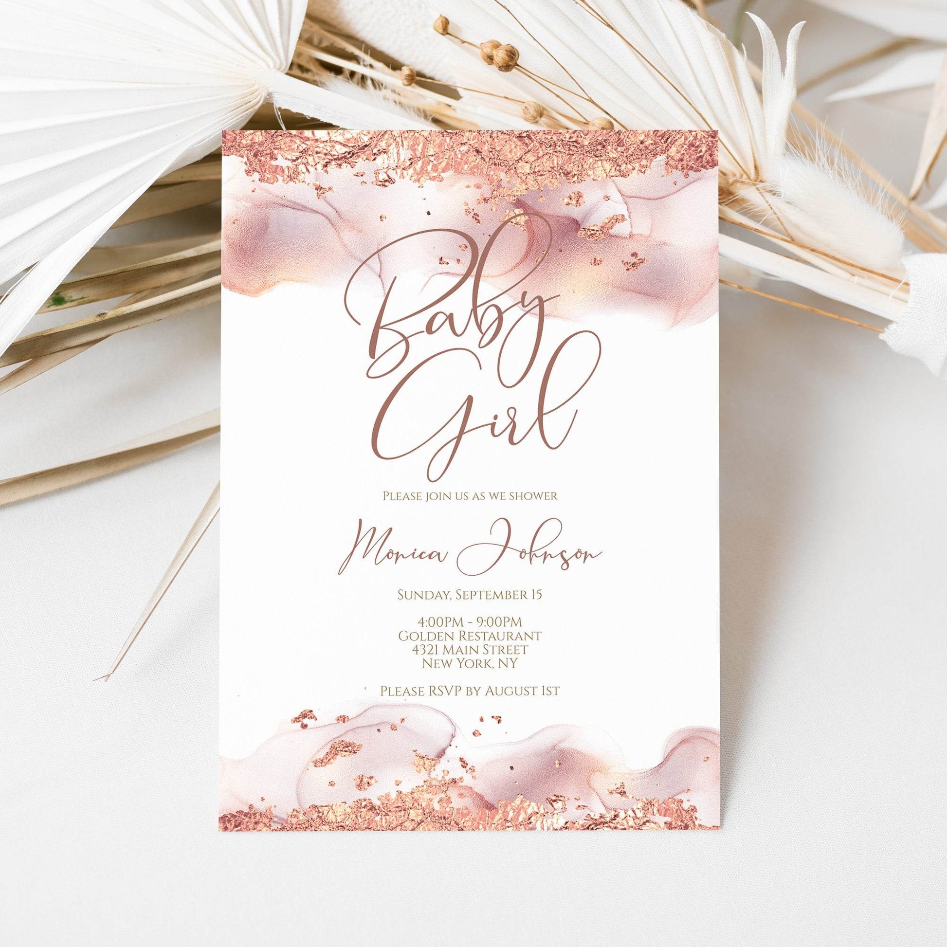 Baby Girl Shower Invitation Template | Rose Gold Foil Editable Invite | Printable Baby Shower Card | Text Message Digital Evite | Instant Download