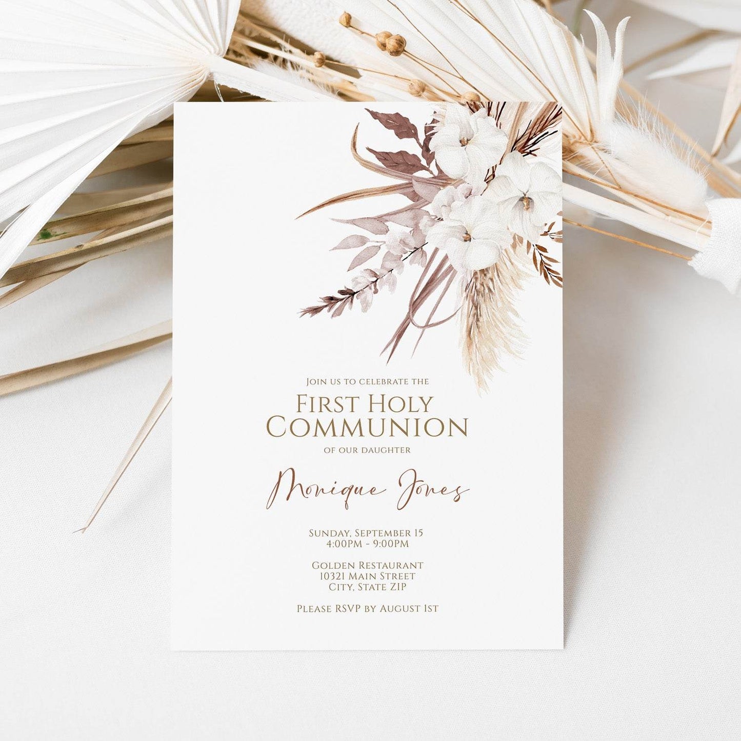 Boho First Communion Invitation Template, Dried Floral First Holy Communion, Gender Neutral Baptism Invite, Editable Boho Design, Instant Download