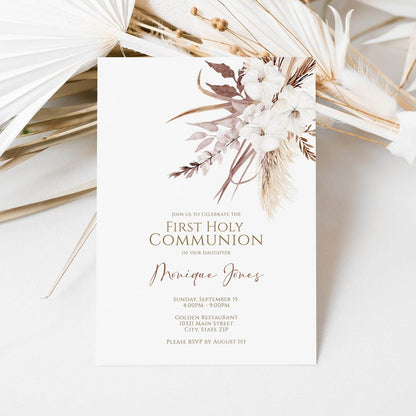 Boho First Communion Invitation Template, Dried Floral First Holy Communion, Gender Neutral Baptism Invite, Editable Boho Design, Instant Download