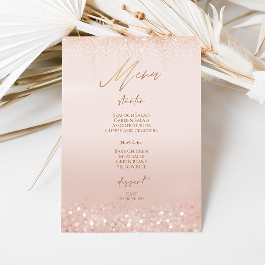 Rose Gold Foil Menu Template, Printable Birthday Menu Card, Editable Pink Dinner Menu, Modern Wedding Menu, Digital Menu, Instant Download - MagicalEventCo, Editable pink dinner menu card digital download, Modern rose gold wedding menu template, Printable rose gold foil party menu design, Elegant editable menu for birthday or wedding, Pink and rose gold dinner menu table decor, Feminine pink party menu card editable template