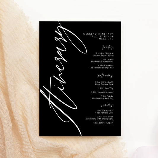 Black Weekend Itinerary Template, Editable Bachelorette & Birthday Schedule, Minimalist Party Weekend Events, Printable Instant Download