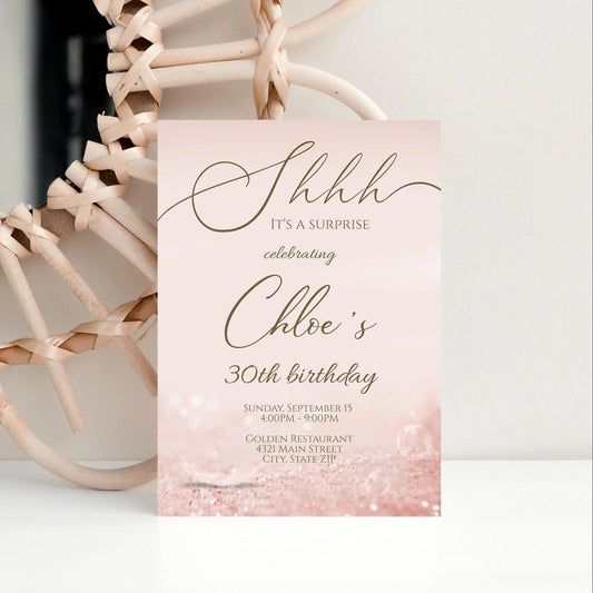 Luxury Shhh it's a surprise Printable 30th birthday invitation template, Thirty editable birthday invite, Rose Gold invite, Instant Download