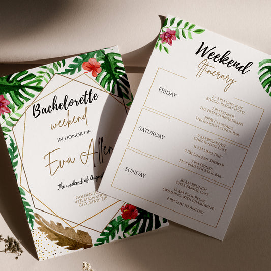 TROPICAL Bachelorette Weekend Invitation, Bachelorette Party Schedule, Palm Leaves Weekend Itinerary, Editable Template Instant Download DIY