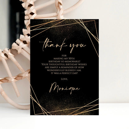 Black Gold Adult Birthday Card, Thank You Cards Anniversary, Editable Thank You Card, Thank You Template, Gold Geometric Thank You Notecard