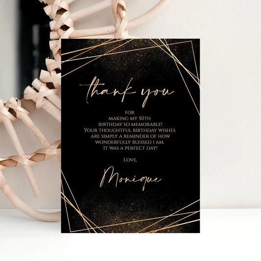 Black Gold Adult Birthday Card, Thank You Cards Anniversary, Editable Thank You Card, Thank You Template, Gold Geometric Thank You Notecard