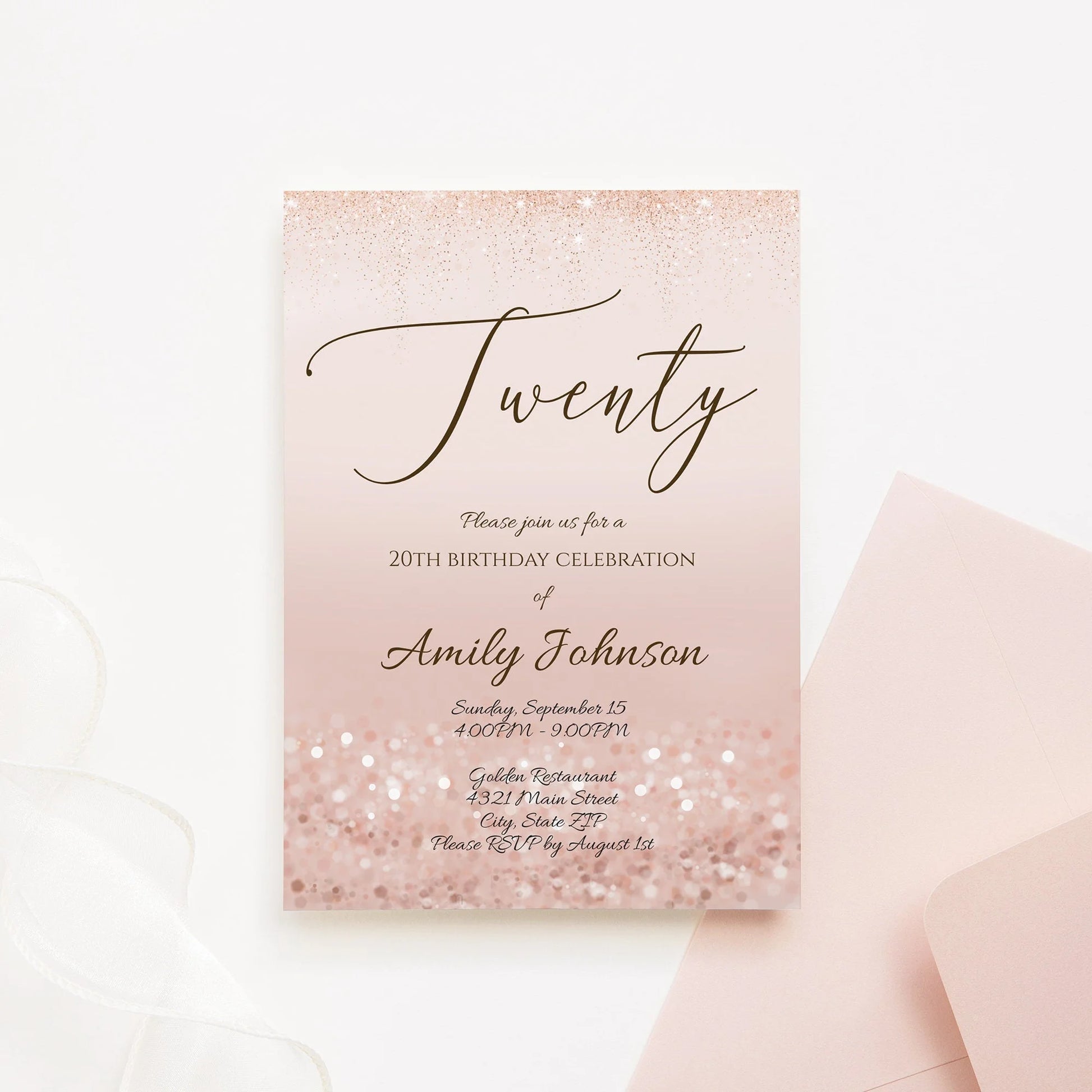 Luxury Twenty Rose Gold Glitter Editable 20th Birthday Invitation Template, Printable Invite or Text Digital Invitation, Instant Download