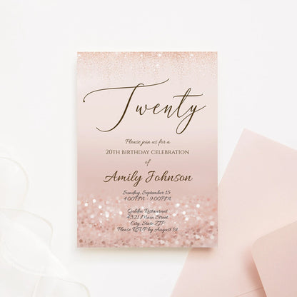 Luxury Twenty Rose Gold Glitter Editable 20th Birthday Invitation Template, Printable Invite or Text Digital Invitation, Instant Download