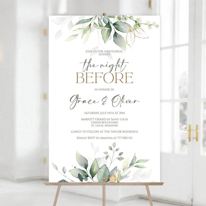 Printable “The Night Before” Wedding Rehearsal Dinner Welcome Sign, Editable Greenery Poster Template, Digital Welcome Board, Instant Download