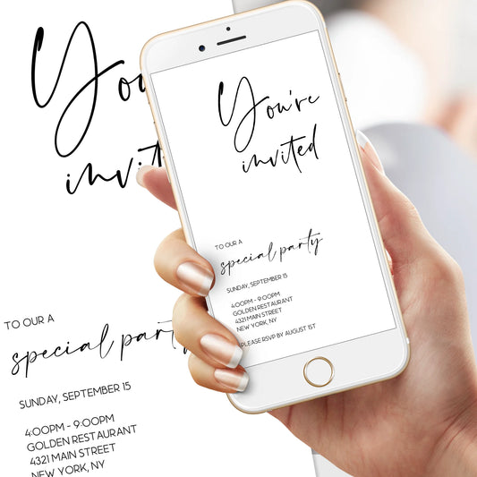 Modern Business Text Message Phone Invitation Template, Electronic, Minimalist You're Invited, Special event invitation, EDITABLE, Digital