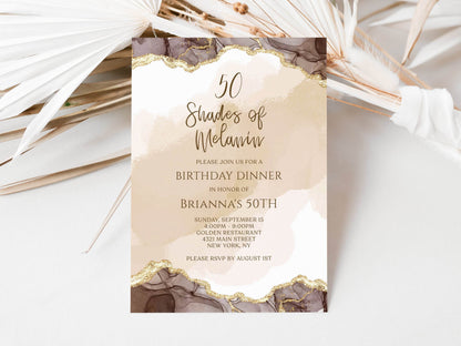 Editable Shades of Melanin Gold Birthday Dinner Invitation Template, Agate Invite, Printable Shade of Brown Invitation, Email Text Message