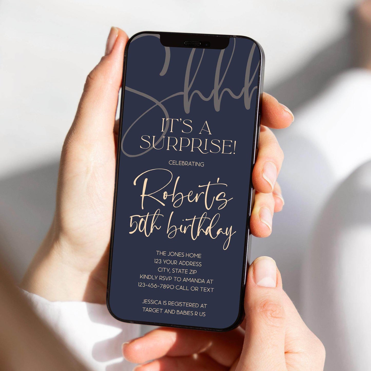 Surprise 50th Birthday Invite - Navy Gold Text Message Evite