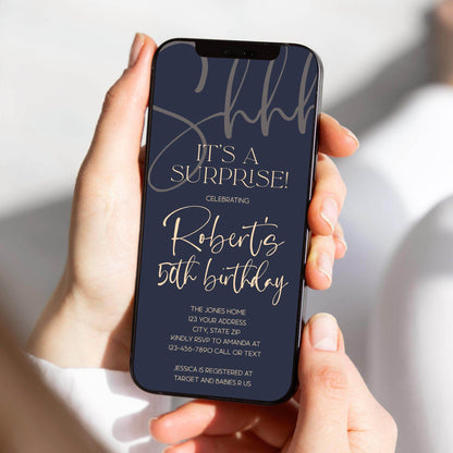 Surprise 50th Birthday Invite - Navy Gold Text Message Evite