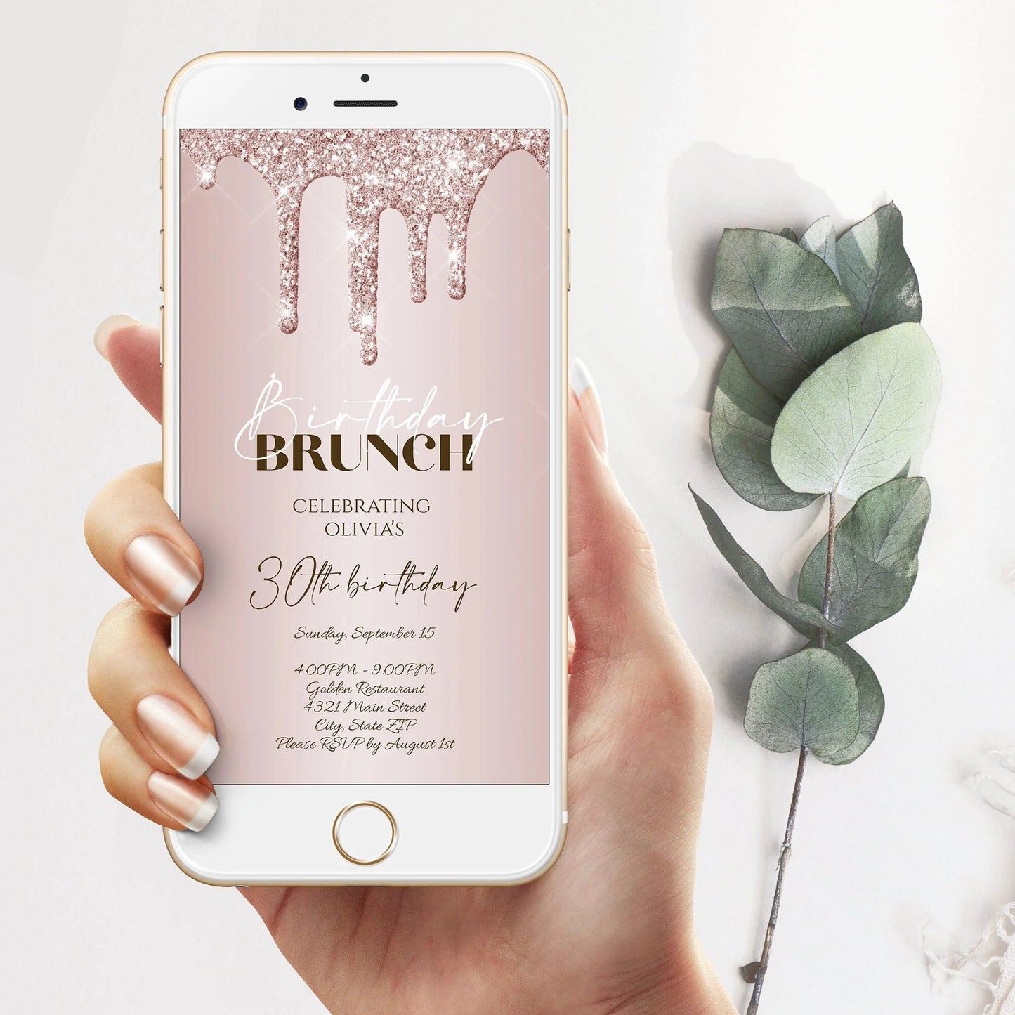 Electronic Birthday Brunch Evite, Rose Gold Glitter Party Invite, Digital Template, Luxury Birthday Party Text Message Invitation Paperless