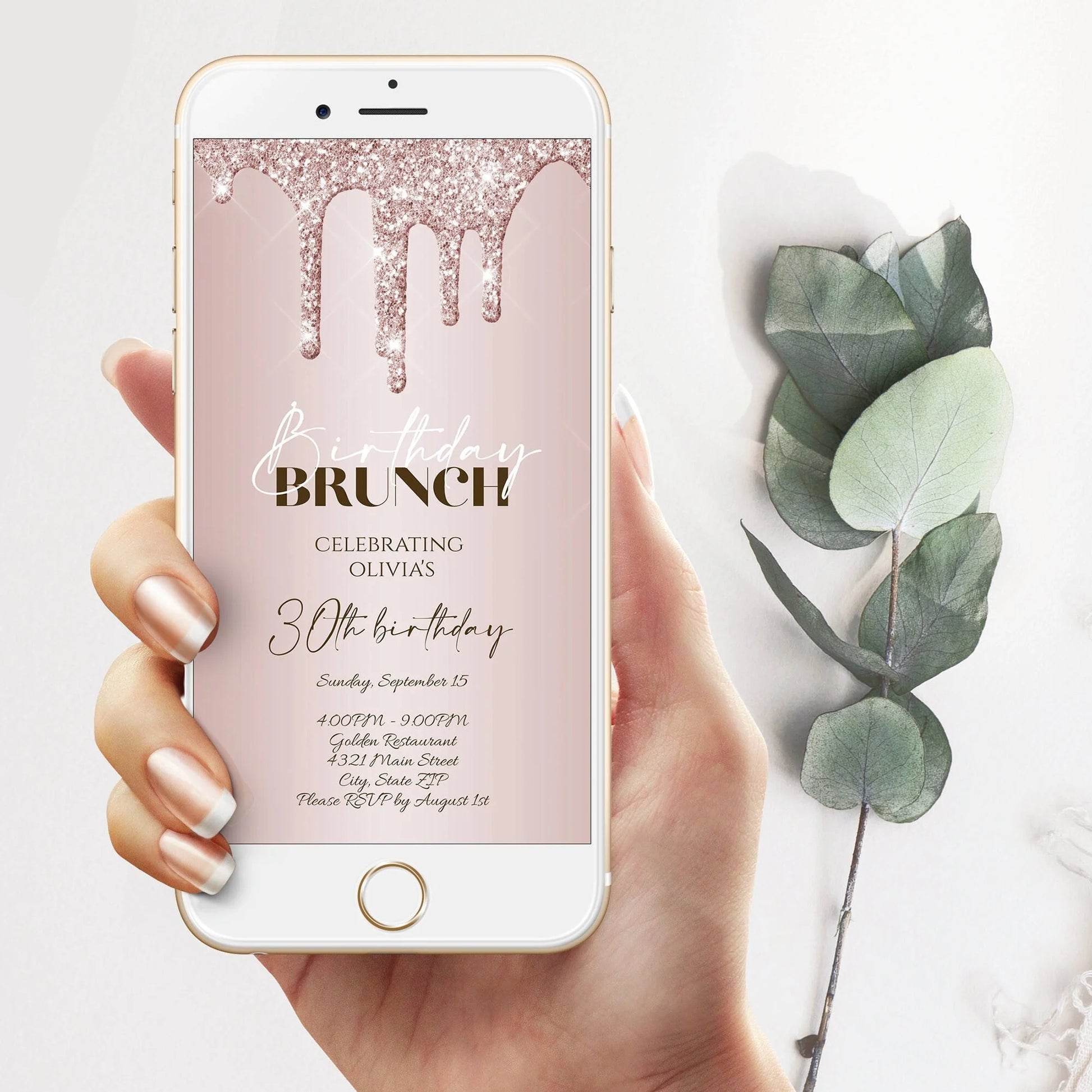 Electronic Birthday Brunch Evite, Rose Gold Glitter Party Invite, Digital Template, Luxury Birthday Party Text Message Invitation Paperless