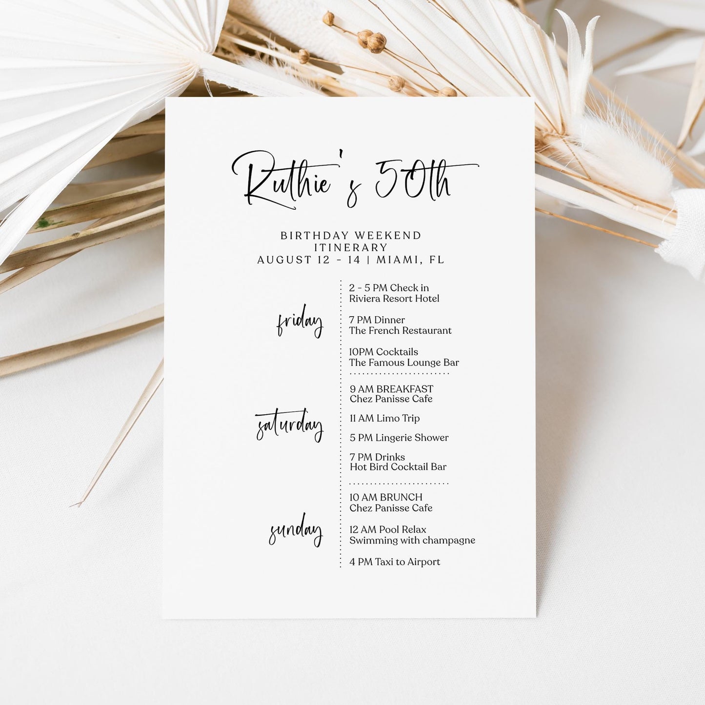 Editable 50th Birthday Weekend Itinerary Template, Printable Minimalist Party Schedule, DIY White Birthday Weekend Planner, Instant Download