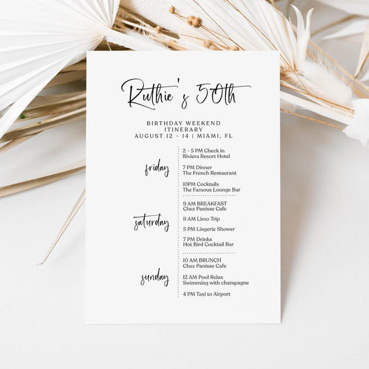 Editable 50th Birthday Weekend Itinerary Template, Printable Minimalist Party Schedule, DIY White Birthday Weekend Planner, Instant Download