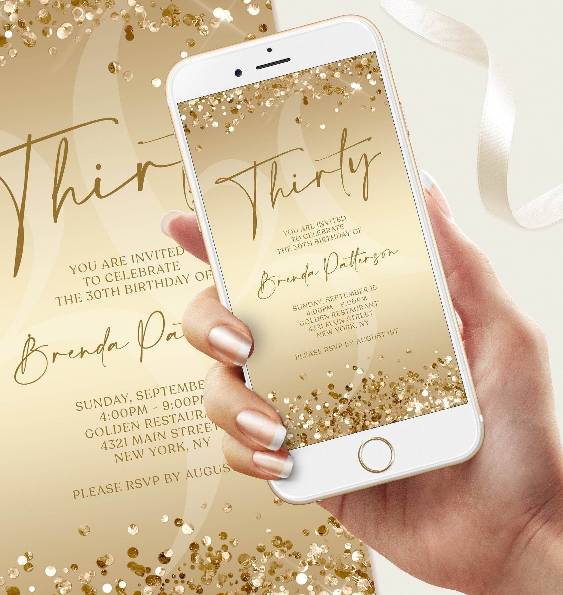 Gold 30th Birthday Invitation Digital Template, Editable Thirty Birthday Evite, Gold Confetti Text Message Invite, Electronic Party Card