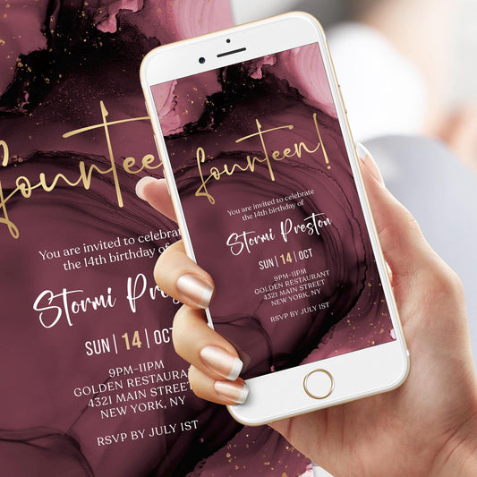 Purple Gold Foil 14th Fourteen Girl Birthday Invitation Template, Digital Birthday Party Invite, Electronic Invitation, Text Message Evite
