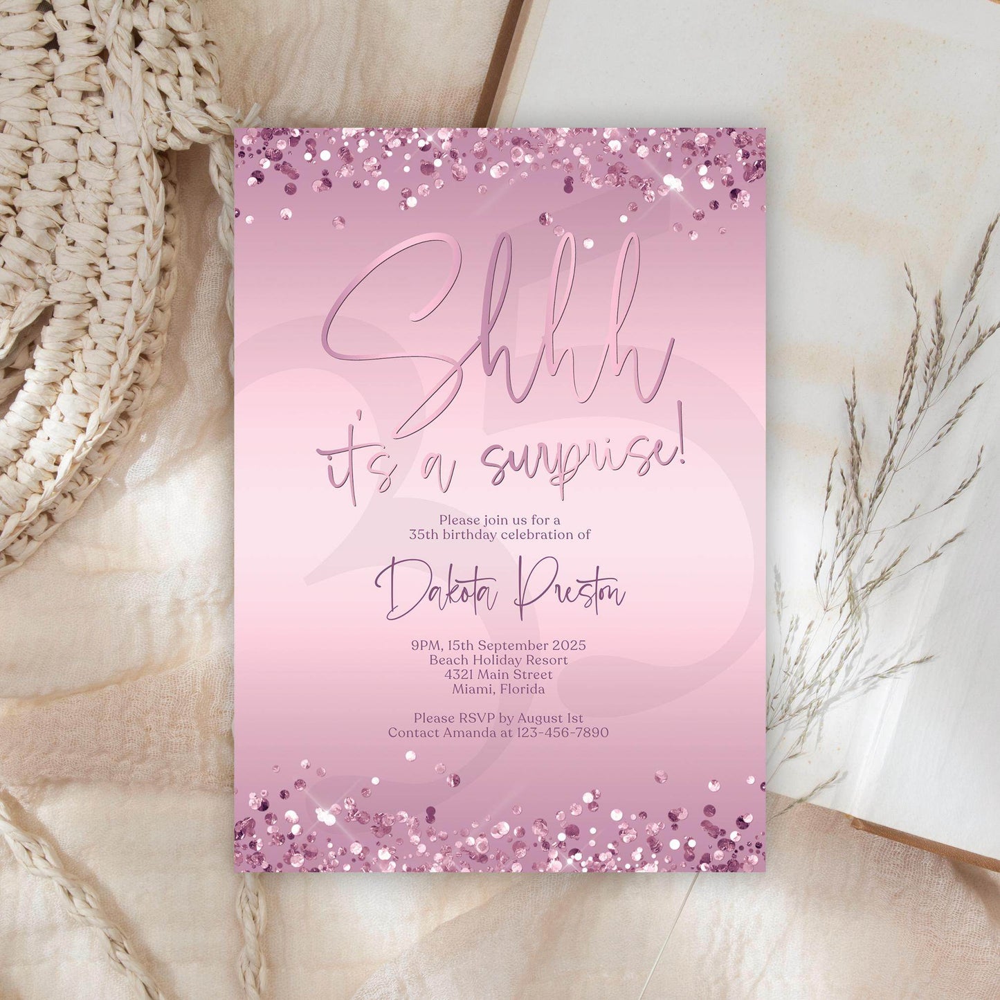 Shhh It’s a Surprise Lavender Invitation Template | Editable Purple Birthday Party Invite | Any Age Evite | Email Text Message | Instant Digital Download