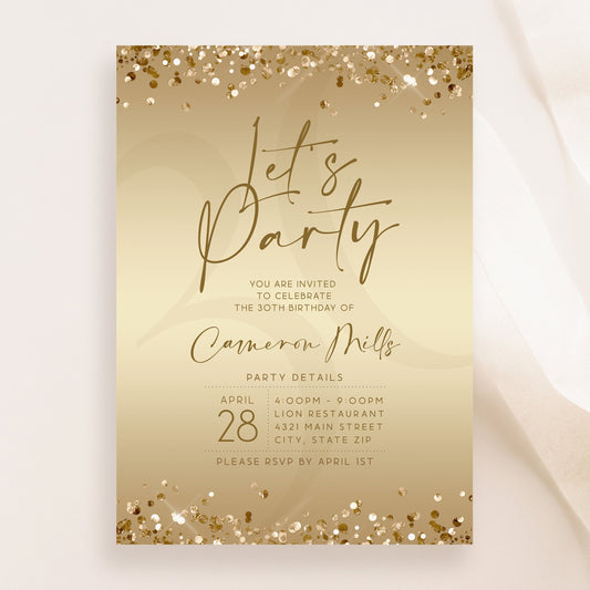 Gold Let's Party Birthday Invitation Template | Editable | Instant Download