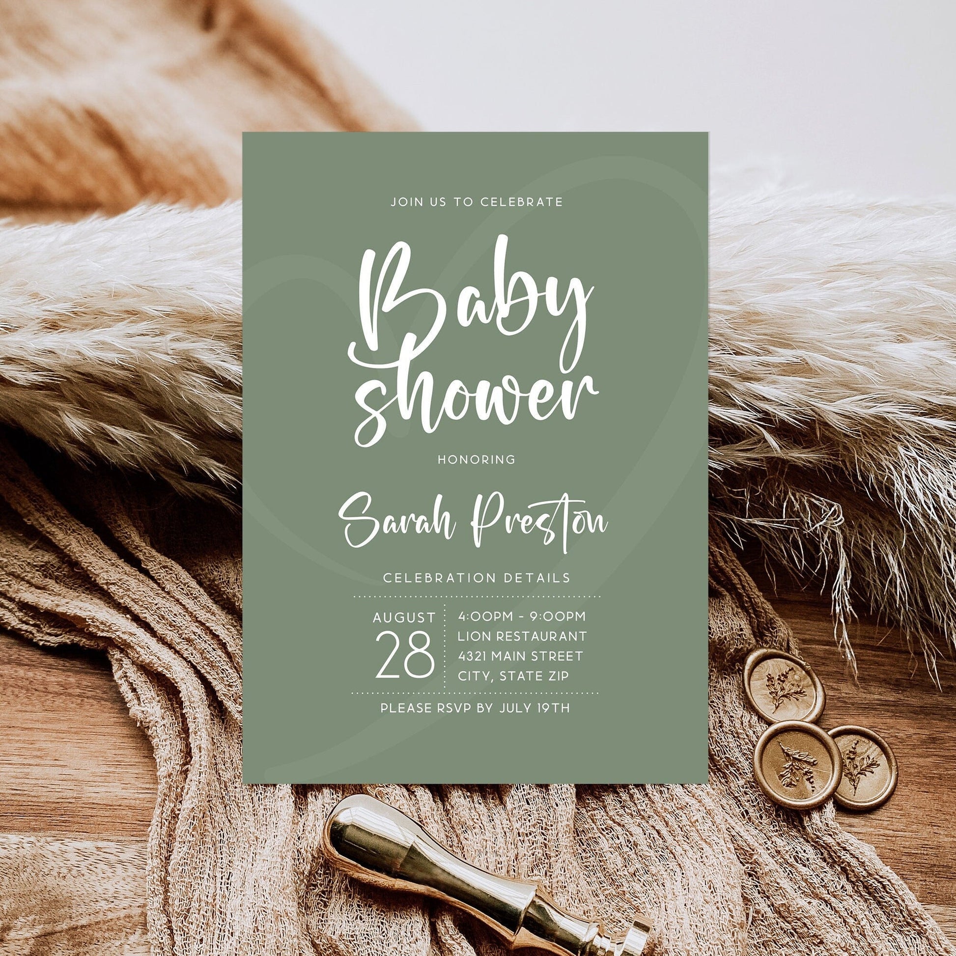 Minimalist Sage Green Baby Shower Invitation Template – Gender Neutral Editable Baby Shower Invite – Modern Hello Baby Invitation – Instant Download