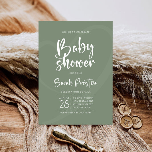 Minimalist Sage Green Baby Shower Invitation Template – Gender Neutral Editable Baby Shower Invite – Modern Hello Baby Invitation – Instant Download