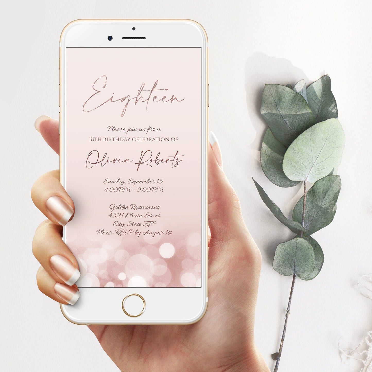 Electronic 18th Eighteen birthday Evite, text message invitation template, Rose Gold Glitter Editable birthday text invite, Digital invite
