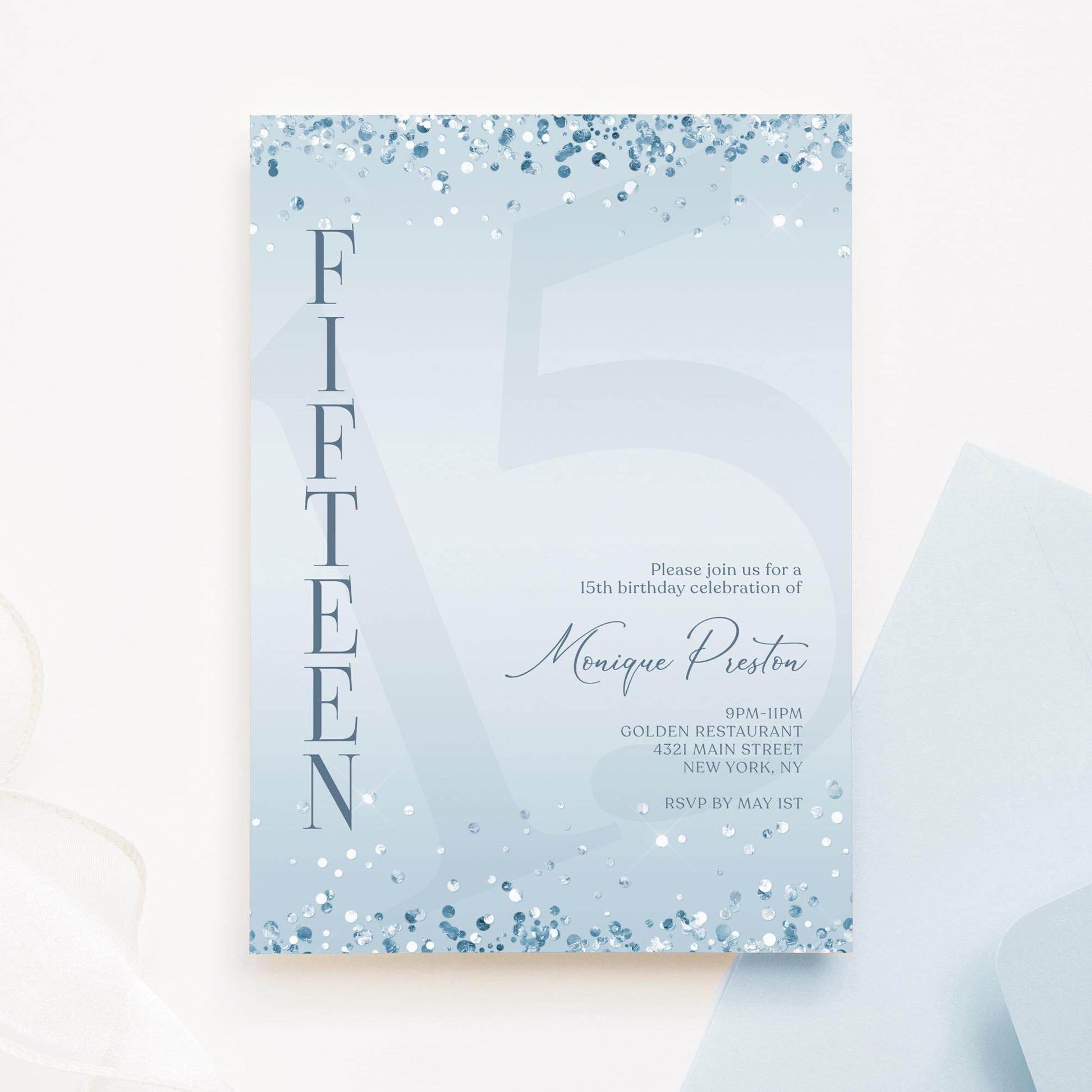 Editable Blue Confetti 15th Birthday Invitation – Printable Boy Birthday Invite | Surprise Party Template | Digital Text or Email Download | Blue & Silver Modern Design
