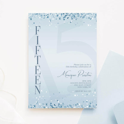 Editable Blue Confetti 15th Birthday Invitation – Printable Boy Birthday Invite | Surprise Party Template | Digital Text or Email Download | Blue & Silver Modern Design