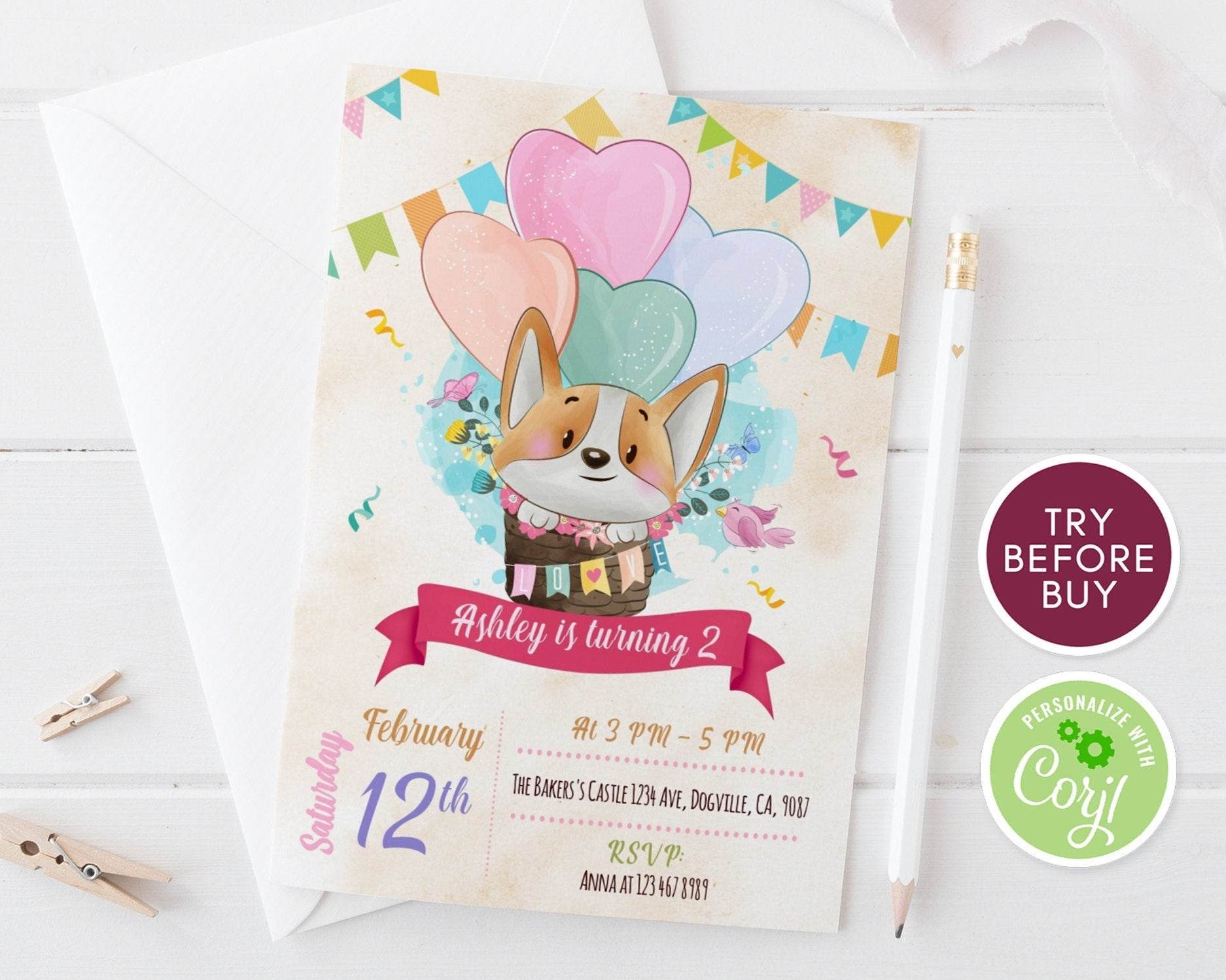 Puppy Birthday Party Invitation | Editable Dog Party Invite | Corgi Puppy Birthday Invitation Template | Printable Pet Party Invite | Instant Download