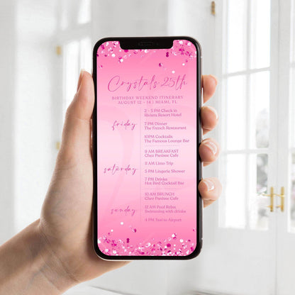 Electronic Pink Birthday Weekend Itinerary Template – Editable Fuchsia Event Schedule | Digital Birthday Itinerary Evite | Text Message Invite | Instant Download