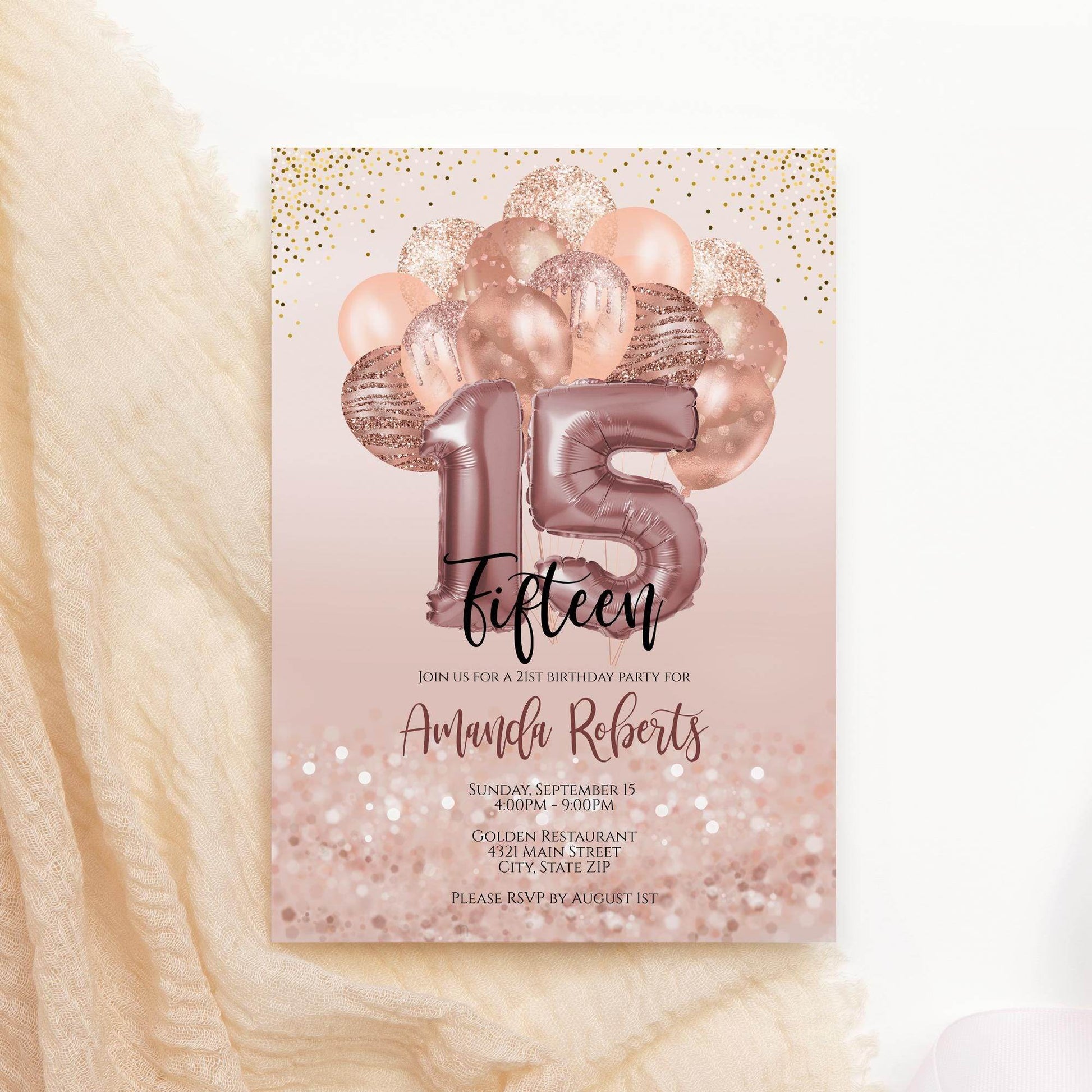 15th Birthday Invitation Template for Girl | Editable Rose Gold Balloons Invite | Digital 15th Party Card | Text Message or Email | Instant Download