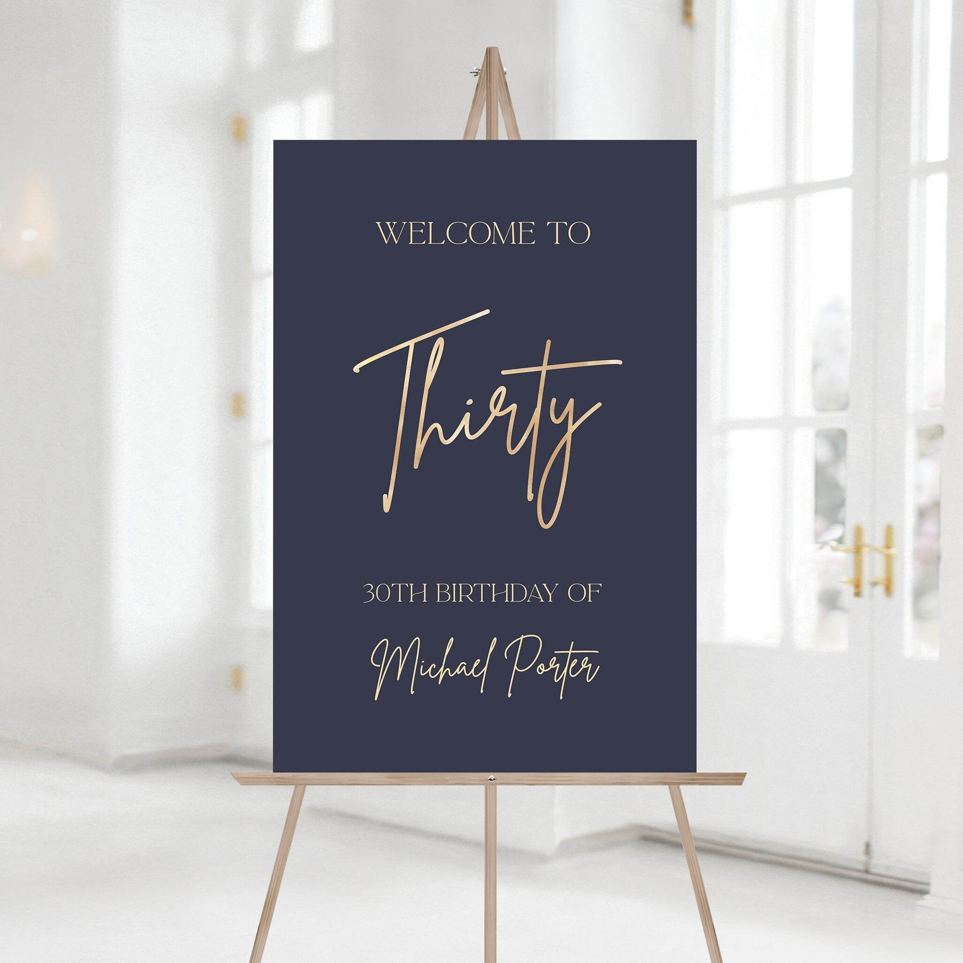 Printable Navy 30th Birthday Welcome Sign Template, Editable Navy Gold Foil Party Poster, Modern Men’s Birthday Decoration, Instant Download