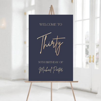 Printable Navy 30th Birthday Welcome Sign Template, Editable Navy Gold Foil Party Poster, Modern Men’s Birthday Decoration, Instant Download
