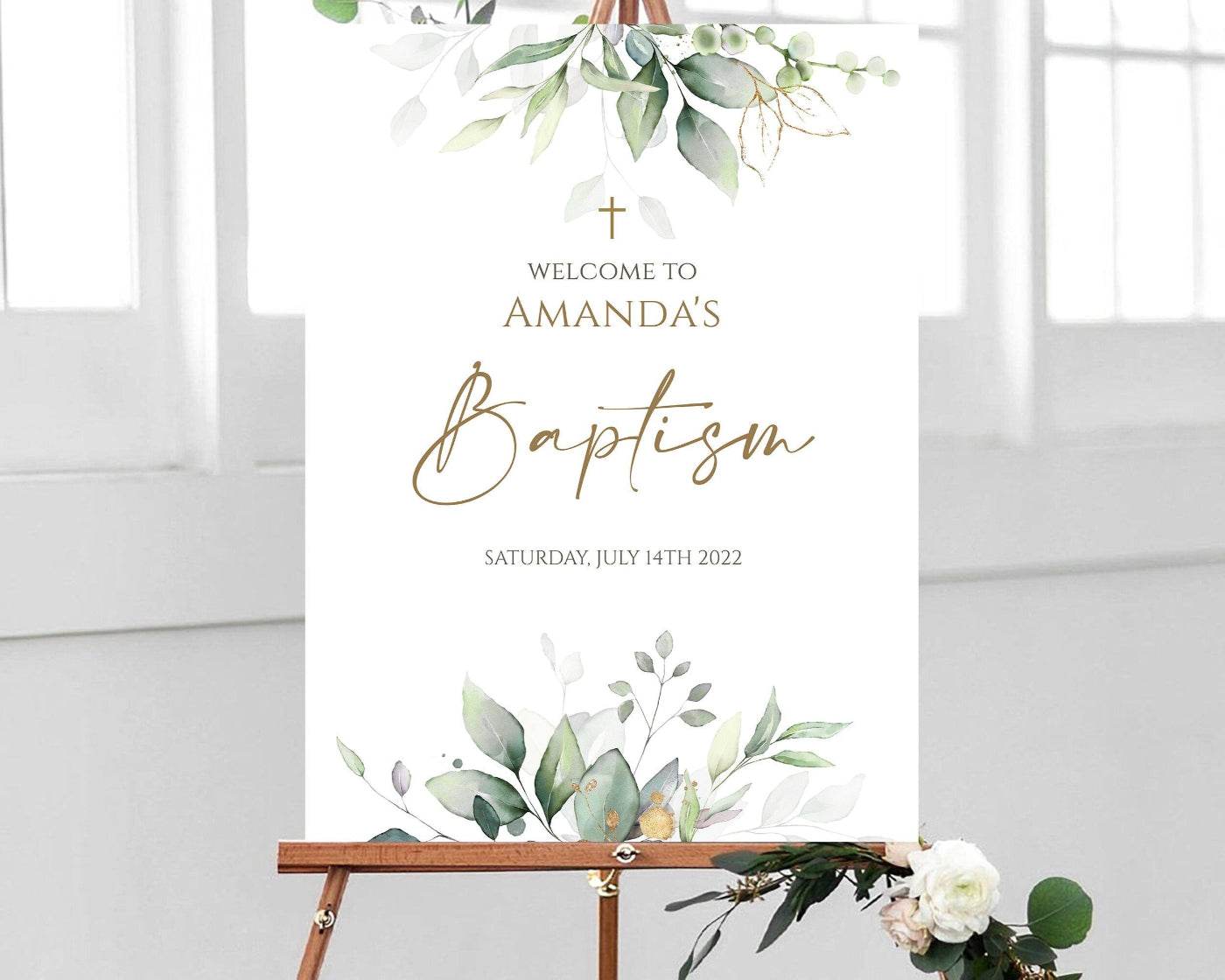 Greenery Baptism Welcome Sign Template – Editable First Holy Communion Sign with Eucalyptus & Gold Foil Cross | Boho Printable Welcome Board | Instant Download