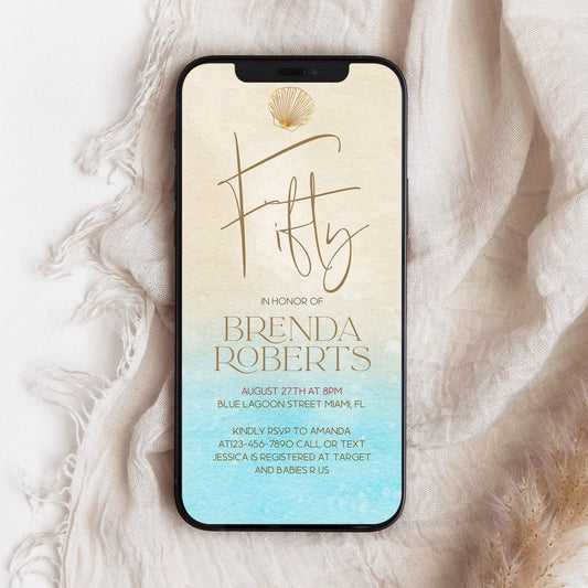 Digital Fifty 50th Beach Birthday Party Invite, Electronic Invitation Template, Phone SMS text message Evite, Watercolor Beach DIY Invite