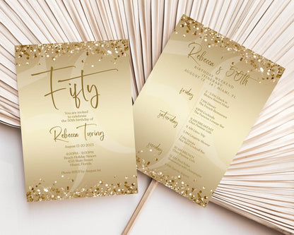 50th Birthday Weekend Itinerary Template – Printable Gold Birthday Schedule – Editable Digital Invite – Instant Download