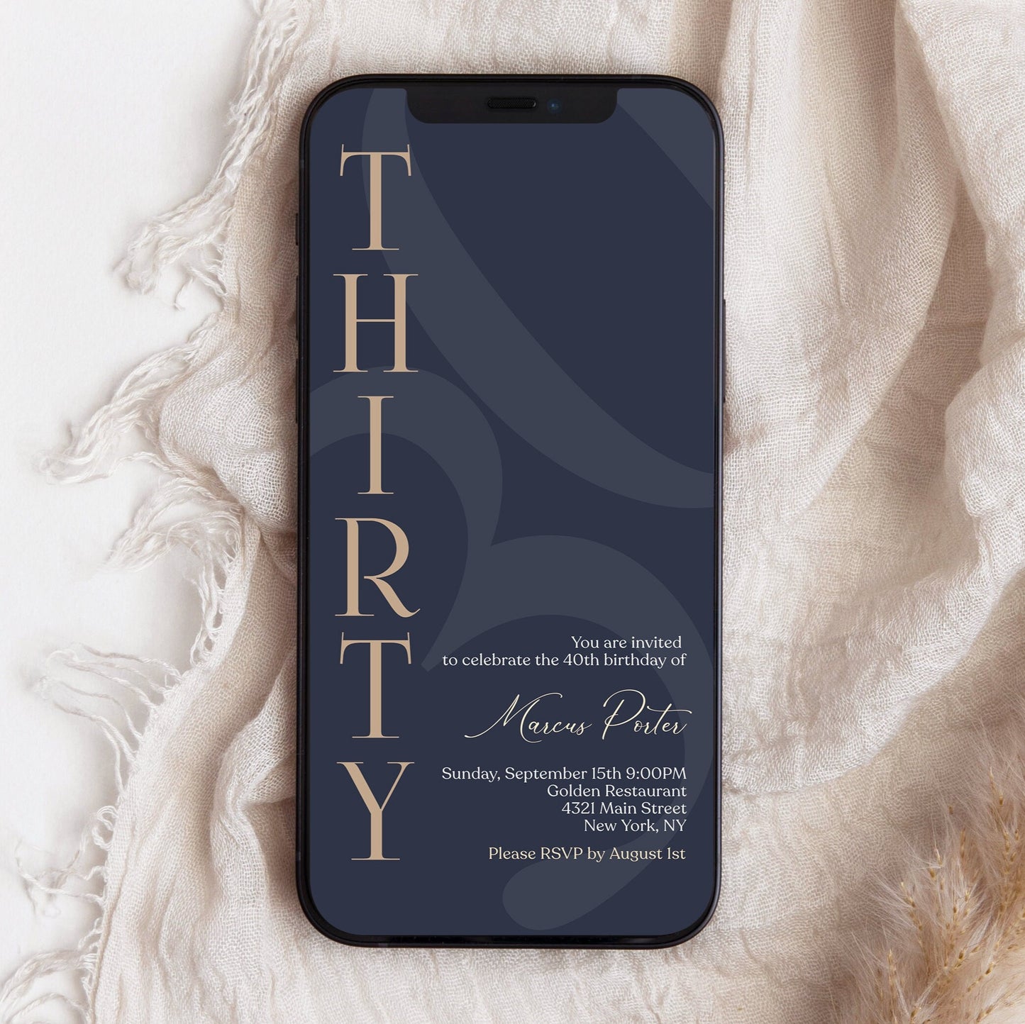 Digital Minimalist Navy 30th Thirty Birthday Invitation Template, Editable Men’s Birthday Invite, Any Age, Email & Text Message Evite