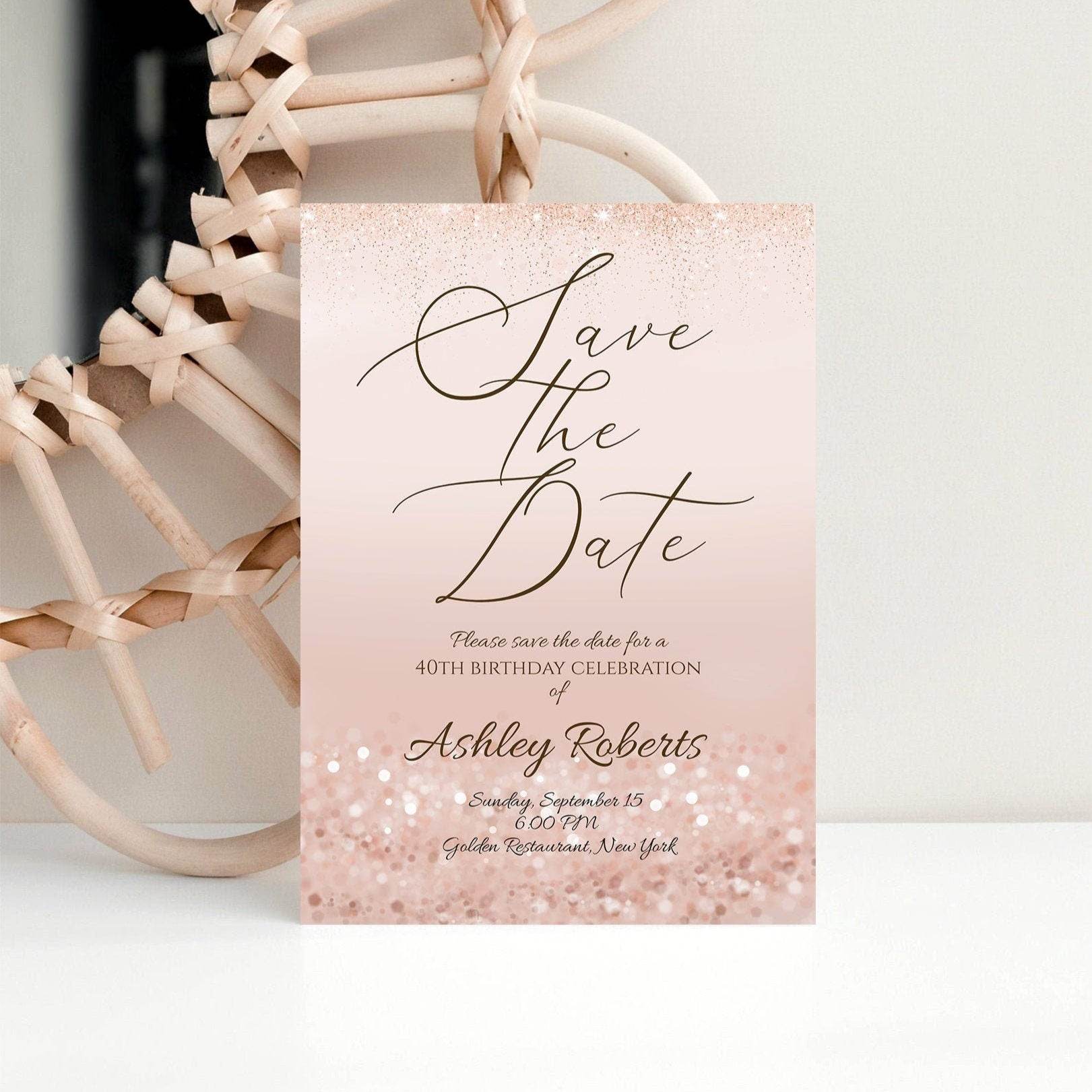 Rose Gold Glitter Save the Date – Luxury Birthday Invitation Template – Editable Digital or Printable Invite – Instant Download