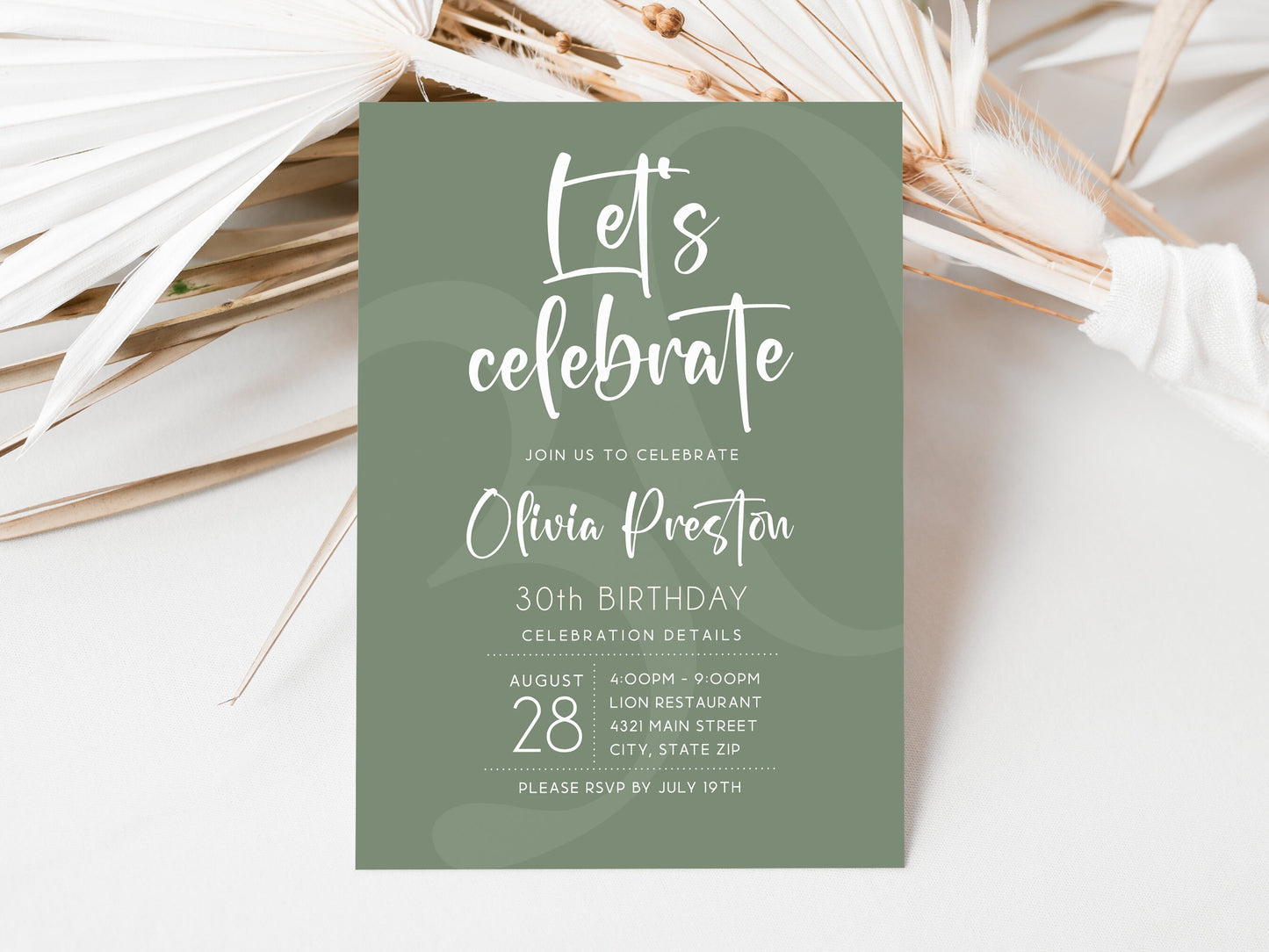 Sage Green Birthday Invitation Template | Printable Any Age Party Invite | Editable Text Message or Email Evite | 5x7 Digital Download
