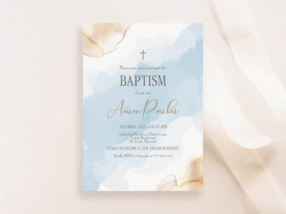 Boy Baptism Invitation Template, Editable Baby Blue Gold Watercolor Christening Invite, Email Text Message Baptism Card, Digital Instant Download