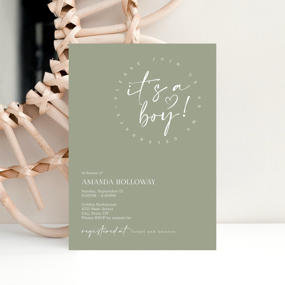 Minimalist Green Baby Shower Invitation – Editable Digital Evite, It’s a Boy Baby Shower Invite – Sage Green Corjl Template, Boho Baby Shower Invitation for Boy – Mobile Text Format, Editable Baby Shower Card – Minimal Green Design, Digital Baby Shower Invitation – Greenery for Boy, Customizable It's a Boy Invitation – Instant Download, Modern Baby Shower Evite – Sage Green for Boy, Text Message Baby Shower Invite – Editable Green Template