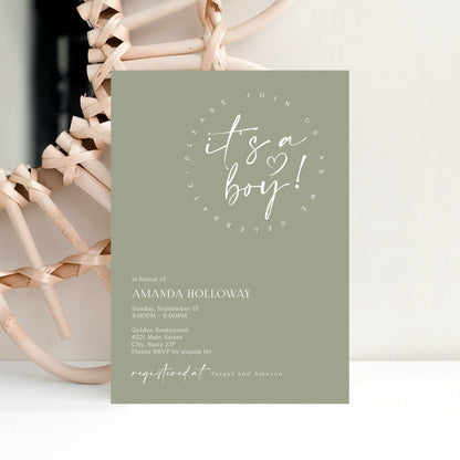 Minimalist Green Baby Shower Invitation – Editable Digital Evite, It’s a Boy Baby Shower Invite – Sage Green Corjl Template, Boho Baby Shower Invitation for Boy – Mobile Text Format, Editable Baby Shower Card – Minimal Green Design, Digital Baby Shower Invitation – Greenery for Boy, Customizable It's a Boy Invitation – Instant Download, Modern Baby Shower Evite – Sage Green for Boy, Text Message Baby Shower Invite – Editable Green Template