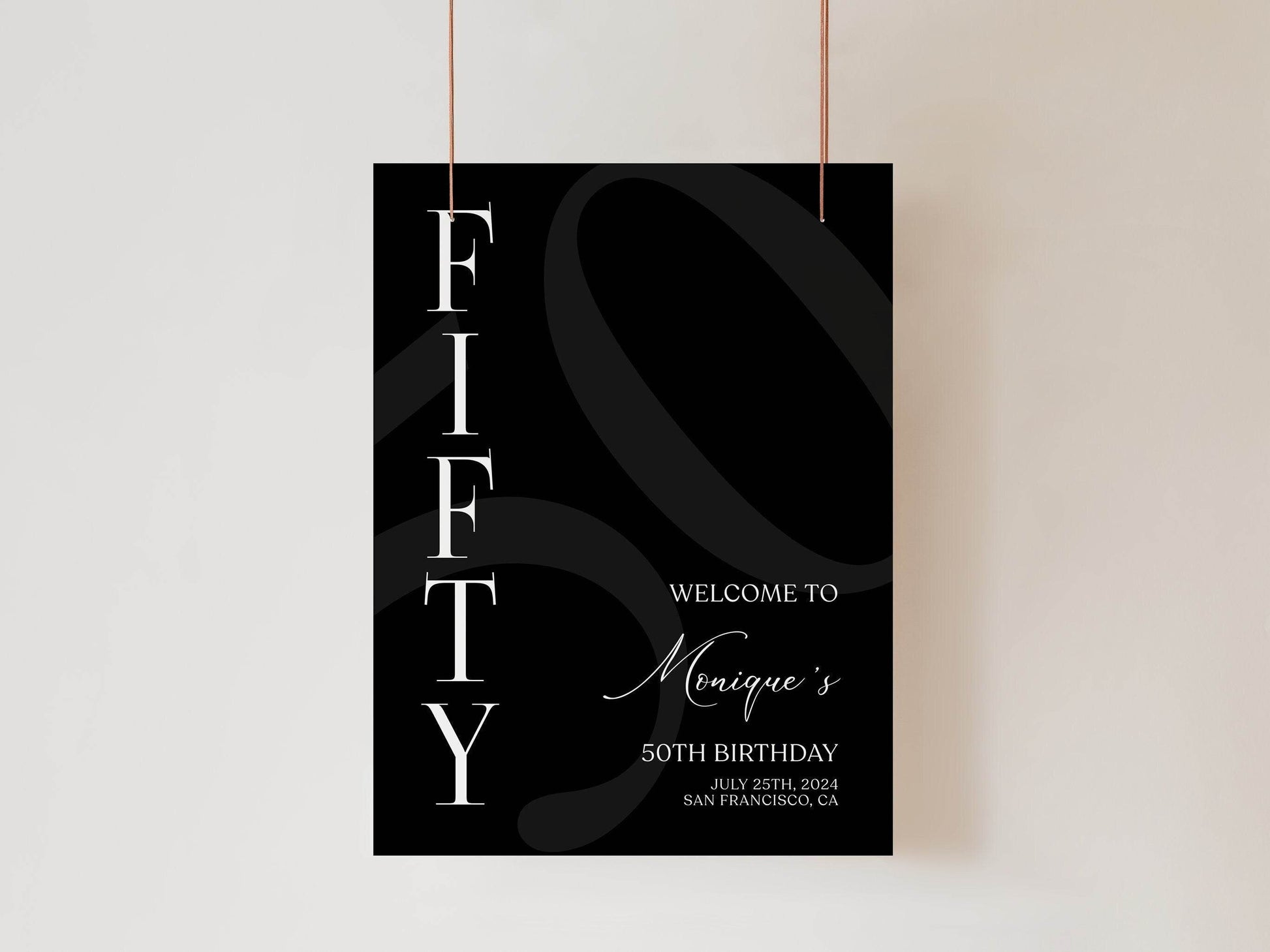 Simple Black 50th Fifty Birthday Welcome Sign Template, Printable Minimalist Birthday Poster, Editable Welcome Sign, Instant Download