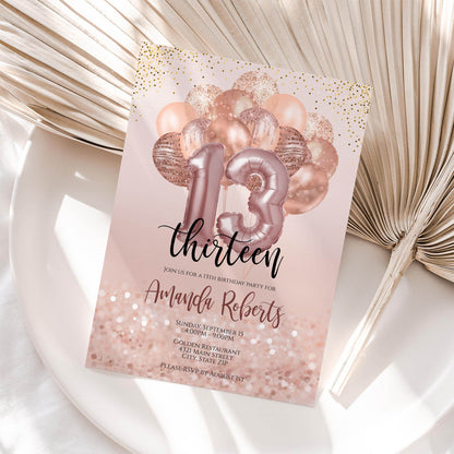 Thirteen 13th Birthday Invitation, Editable Birthday Invite with Balloons, Printable & Digital Text Message Evite, Instant Download