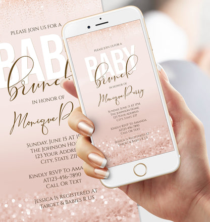 Digital Girl Baby Brunch Invitation Template – Rose Gold Text Message Evite