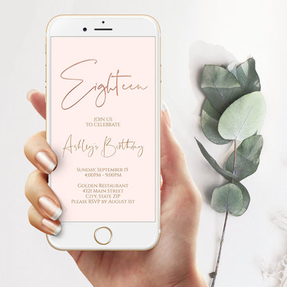 Electronic 18th Birthday Invitation – Rose Gold Foil Mobile Party Invite – Editable Phone Evite – DIY Text Message or Email Invitation – Instant Download